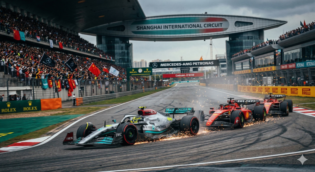 F1 Mercedes cars leading during Chinese Grand Prix while Ferrari battle behind