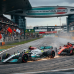 F1 Mercedes cars leading during Chinese Grand Prix while Ferrari battle behind