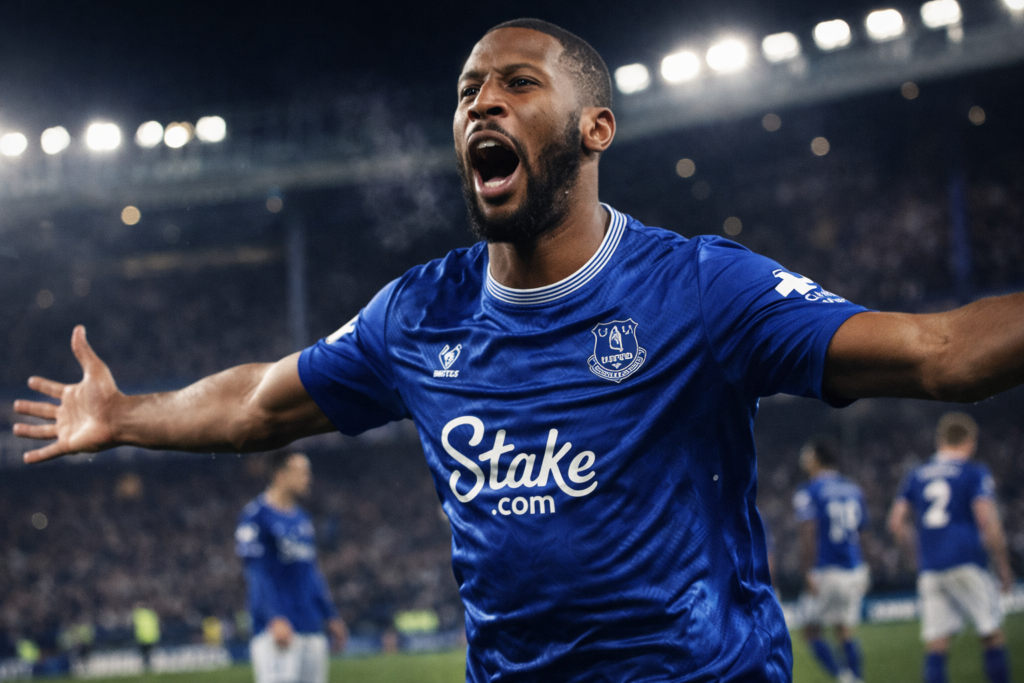 Beto celebrating goal in Everton vs Chelsea Premier League match