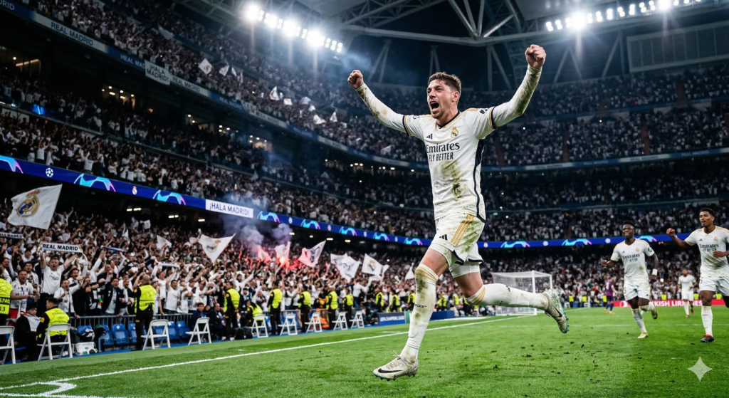 Federico Valverde celebrating hat trick for Real Madrid in Champions League