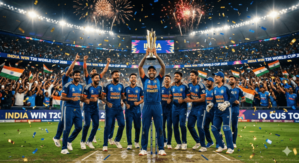 India cricket team lifting T20 World Cup 2026 trophy after defeating New Zealand