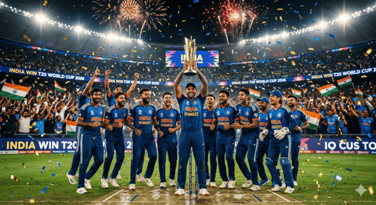 India cricket team lifting T20 World Cup 2026 trophy after defeating New Zealand