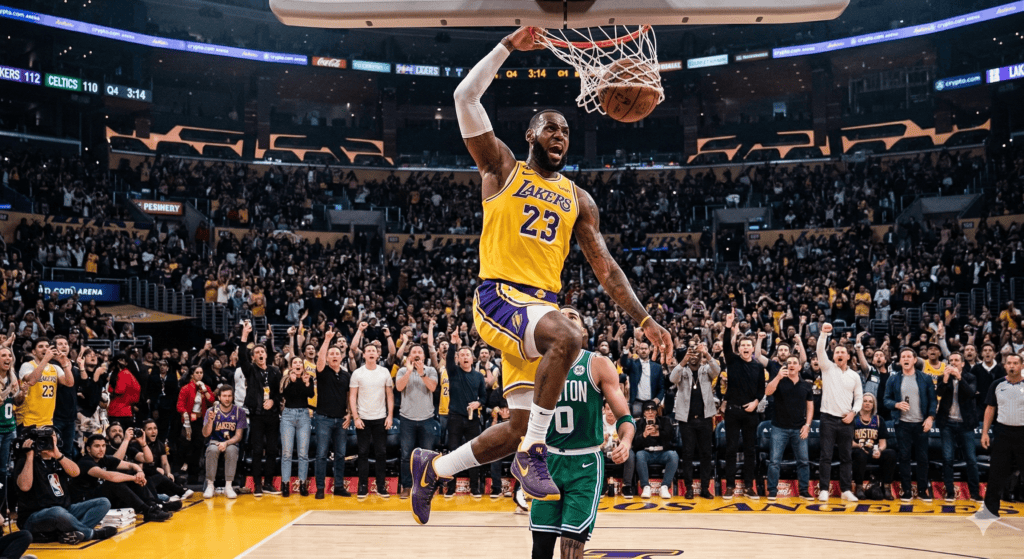 LeBron James celebrating after breaking NBA field goal record