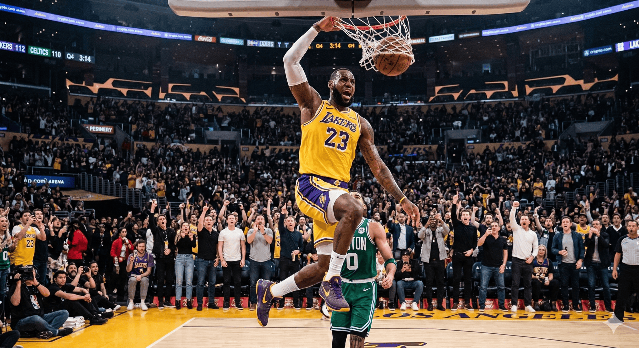 LeBron James celebrating after breaking NBA field goal record