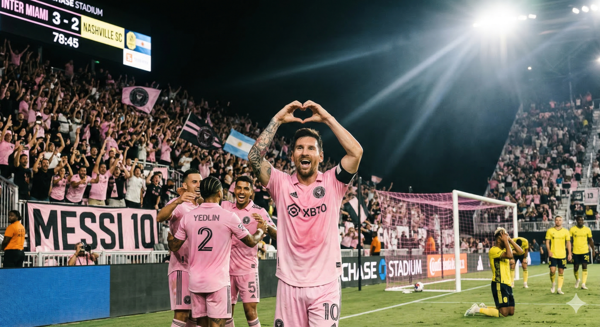 Lionel Messi celebrating 900th career goal for Inter Miami